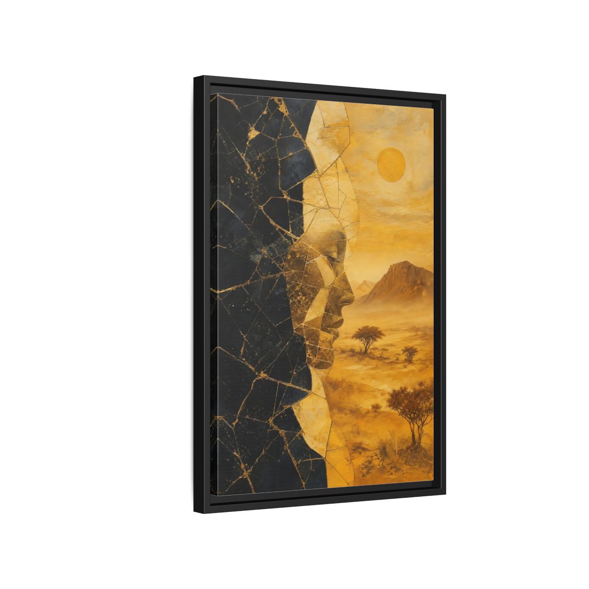 Side Mockup 3. Abstract Abstract Face Gold And Black shown as stretched canvas wall art
