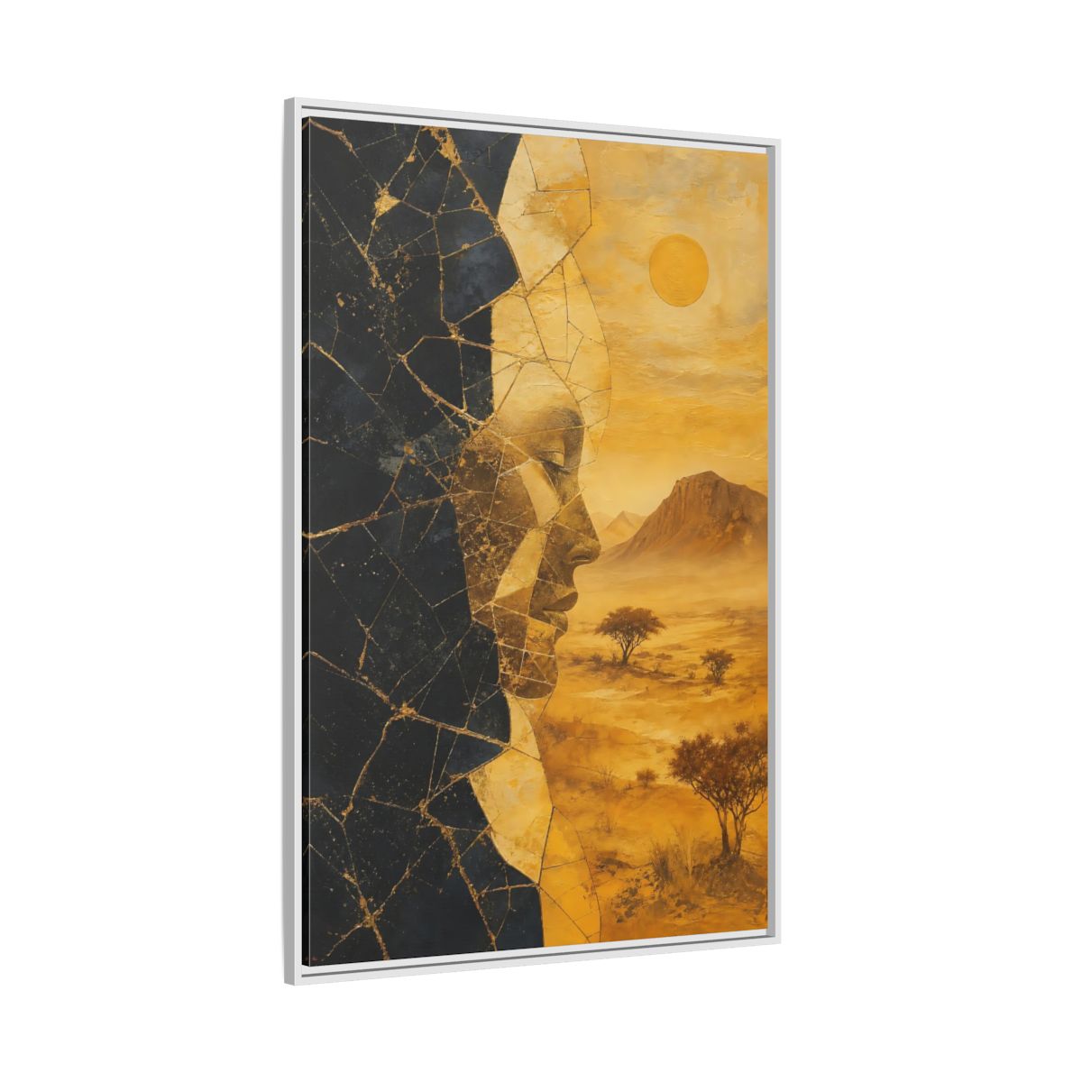 Side Mockup 7. Abstract Abstract Face Gold And Black shown as stretched canvas wall art