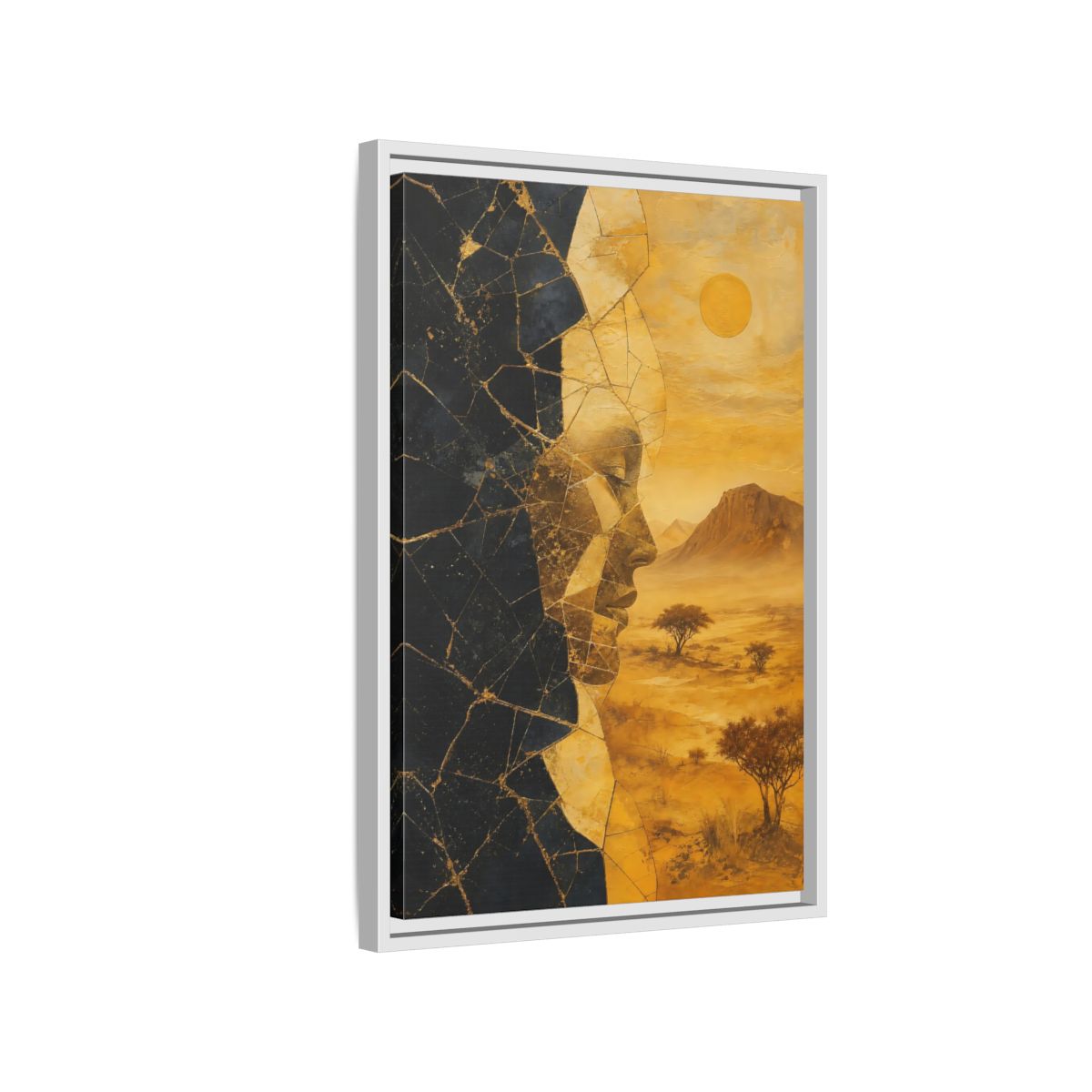 Side Mockup 1. Abstract Abstract Face Gold And Black shown as stretched canvas wall art