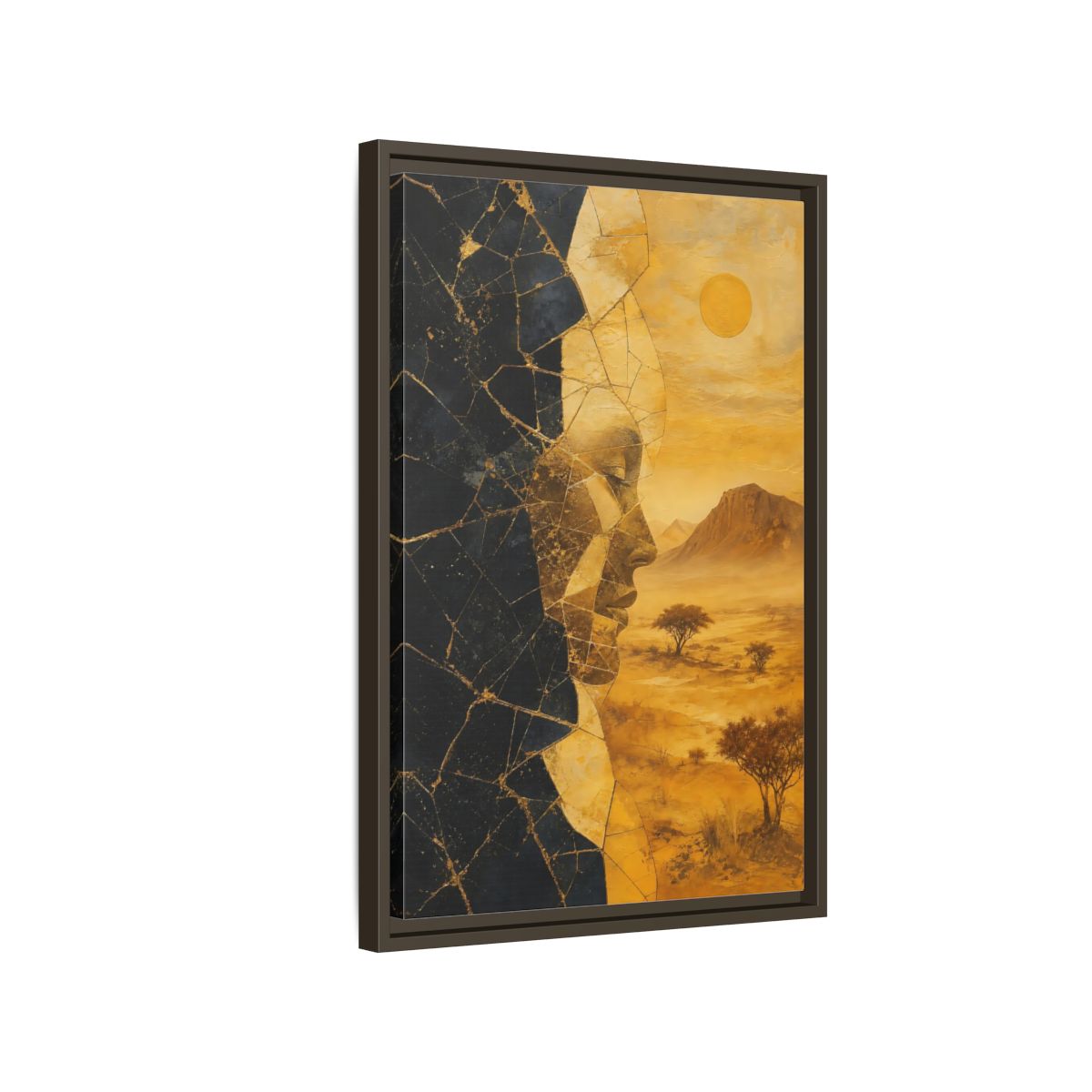 Side Mockup 2. Abstract Abstract Face Gold And Black shown as stretched canvas wall art