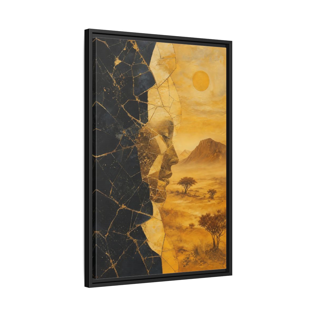 Side Mockup 14. Abstract Abstract Face Gold And Black shown as stretched canvas wall art