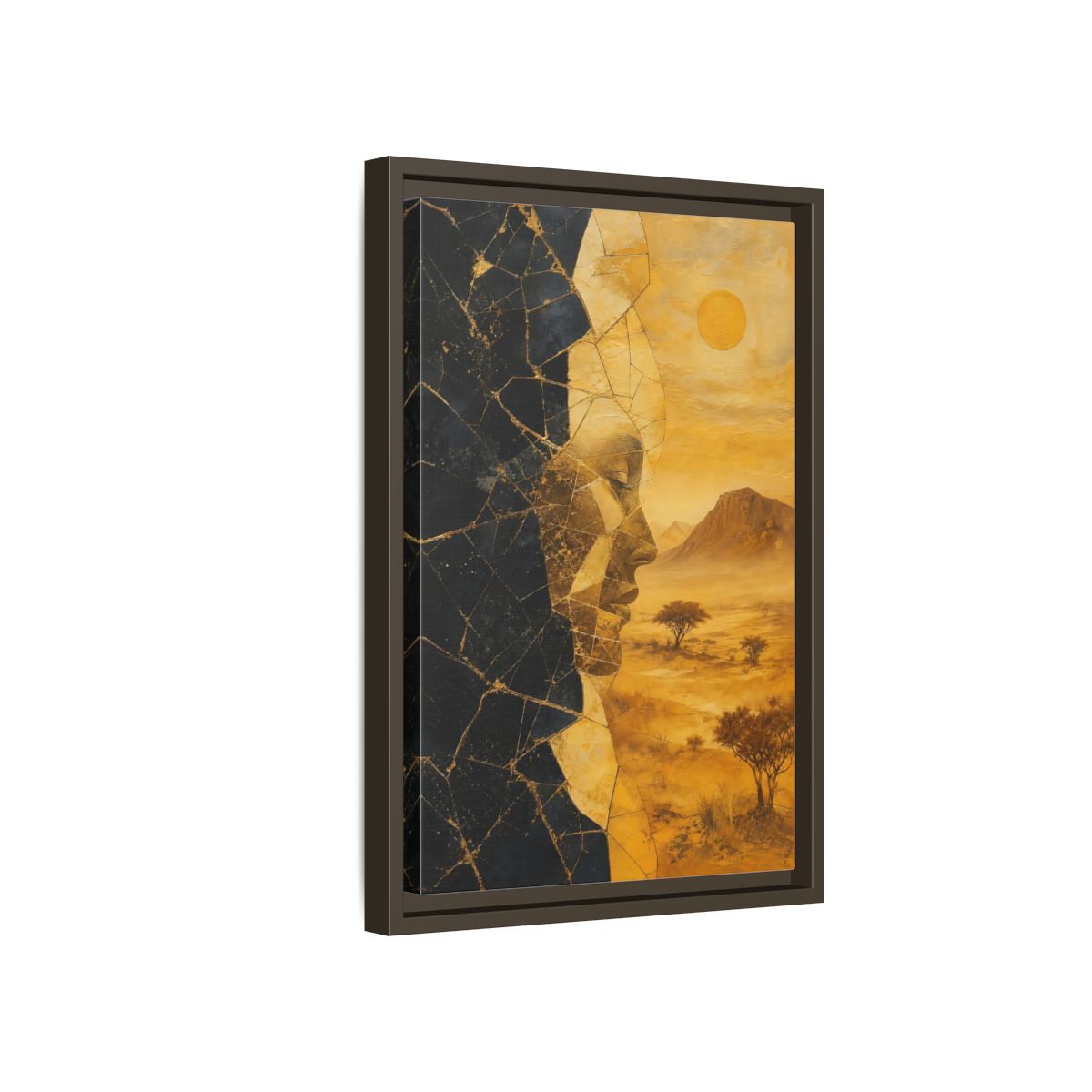 Side Mockup 5. Abstract Abstract Face Gold And Black shown as stretched canvas wall art