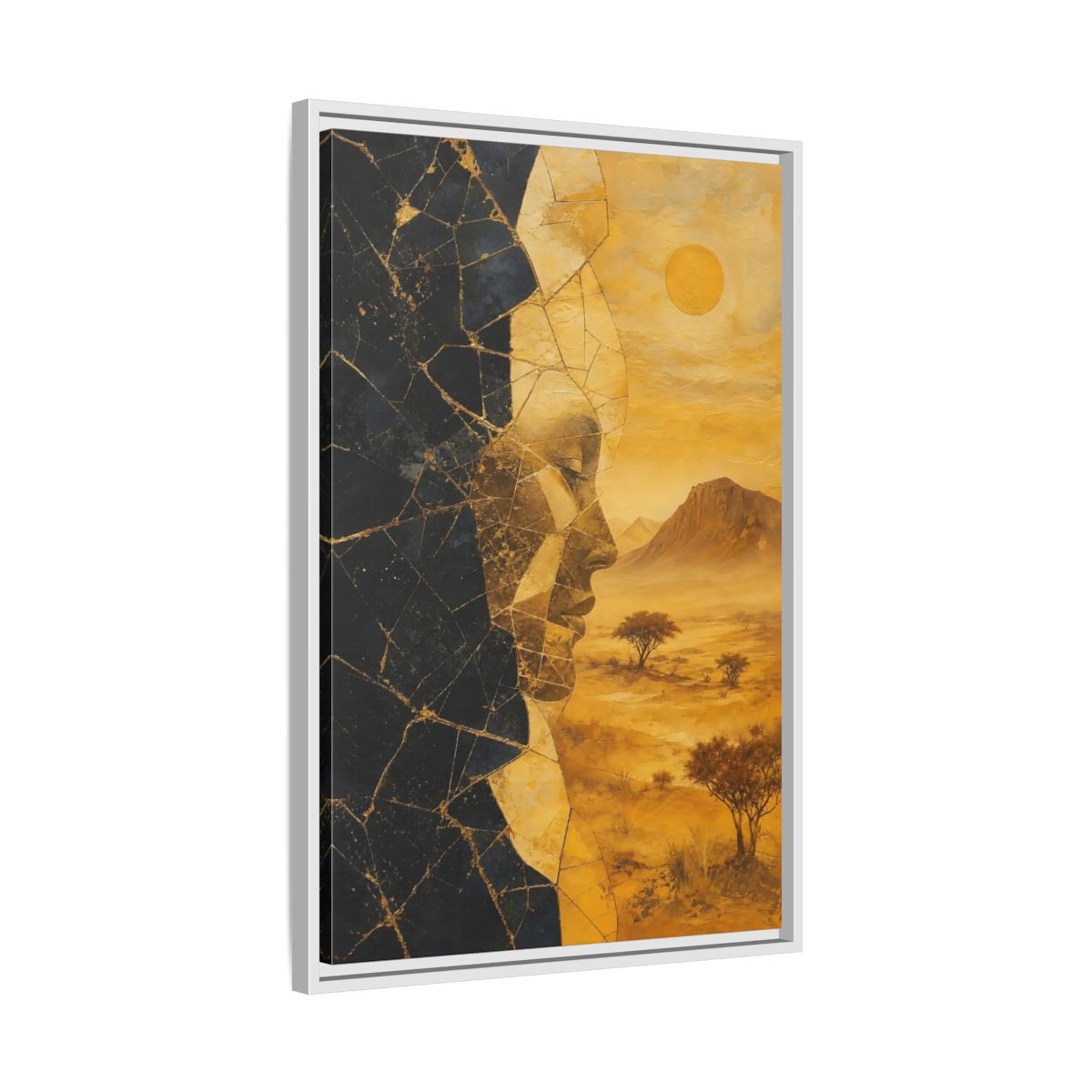 Side Mockup 10. Abstract Abstract Face Gold And Black shown as stretched canvas wall art