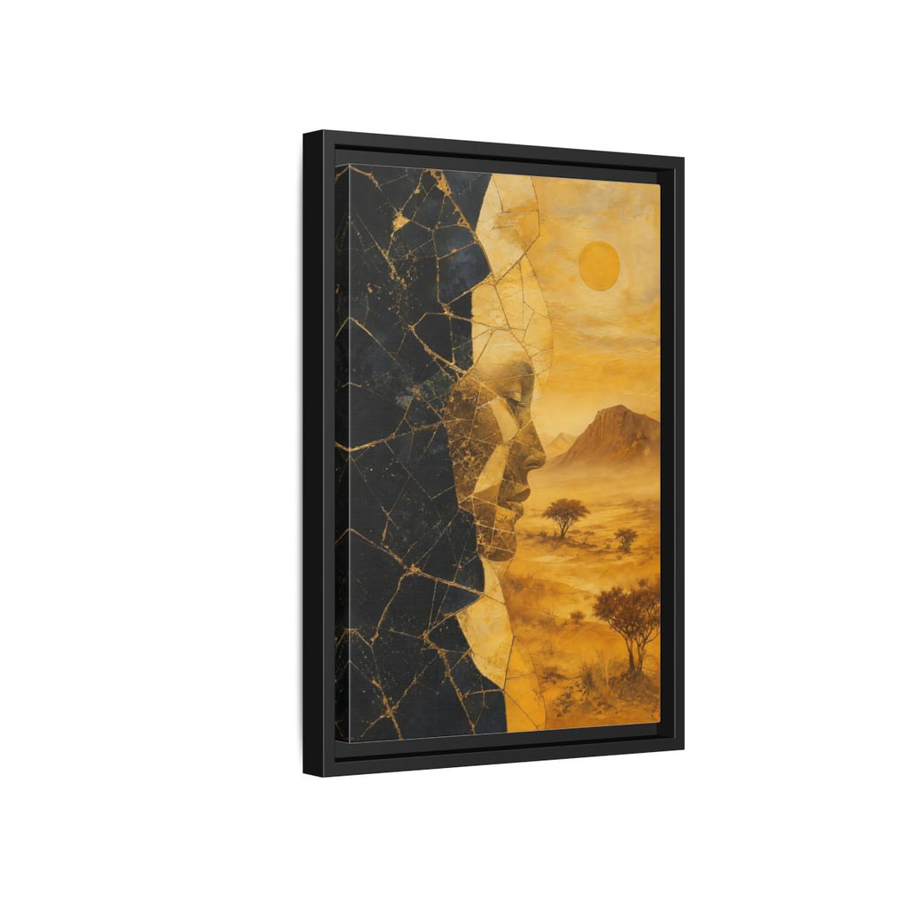 Side Mockup 6. Abstract Abstract Face Gold And Black shown as stretched canvas wall art