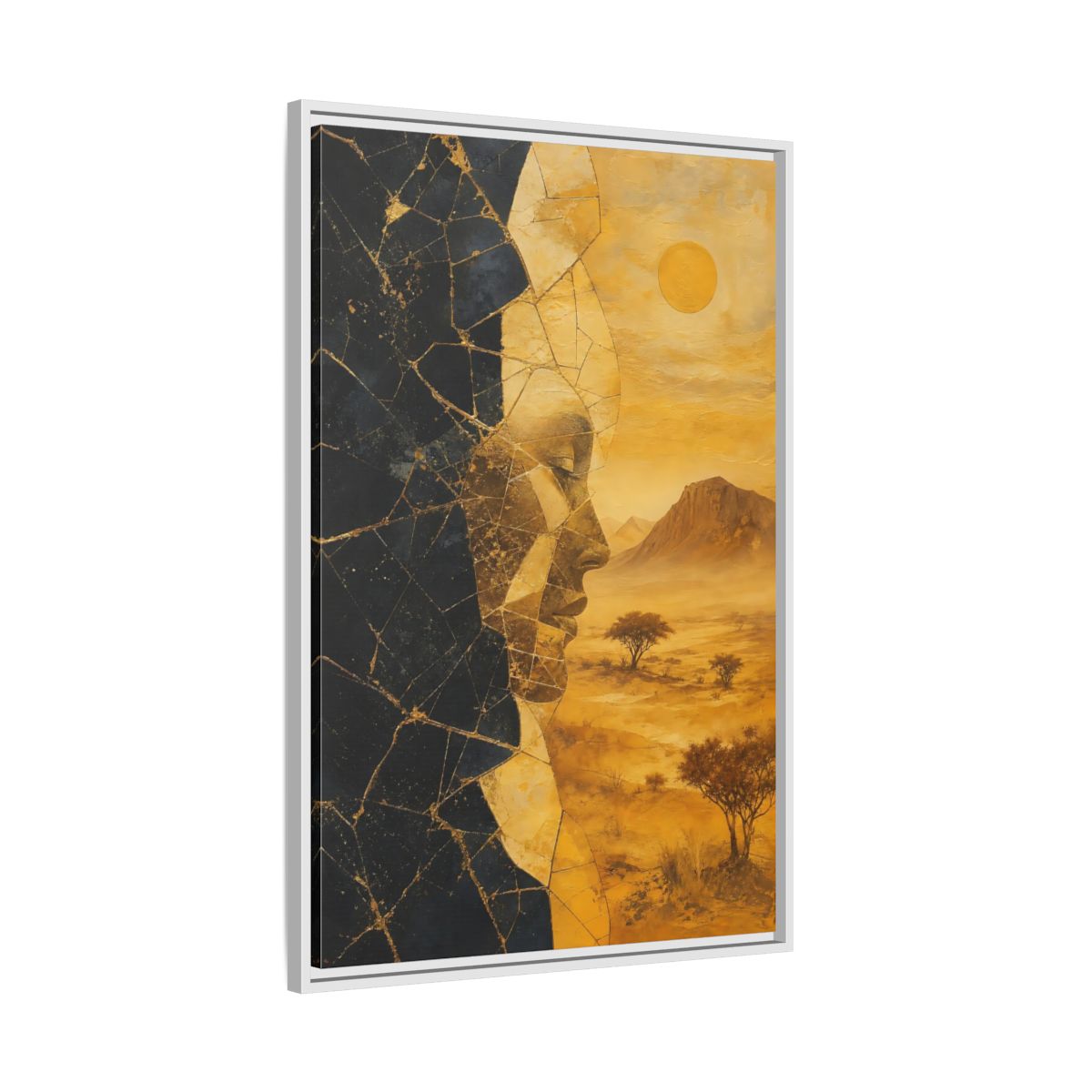 Side Mockup 9. Abstract Abstract Face Gold And Black shown as stretched canvas wall art