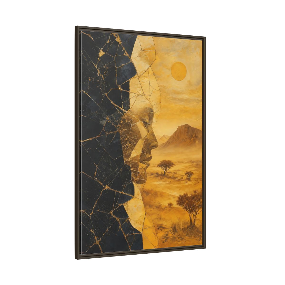 Side Mockup 8. Abstract Abstract Face Gold And Black shown as stretched canvas wall art