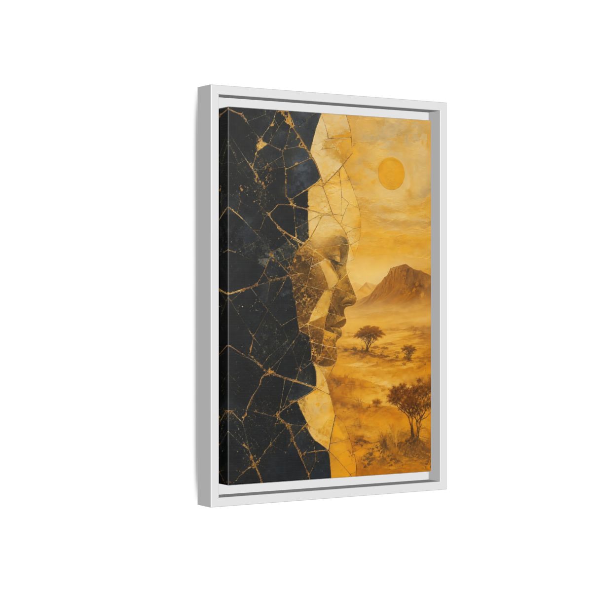 Side Mockup 4. Abstract Abstract Face Gold And Black shown as stretched canvas wall art