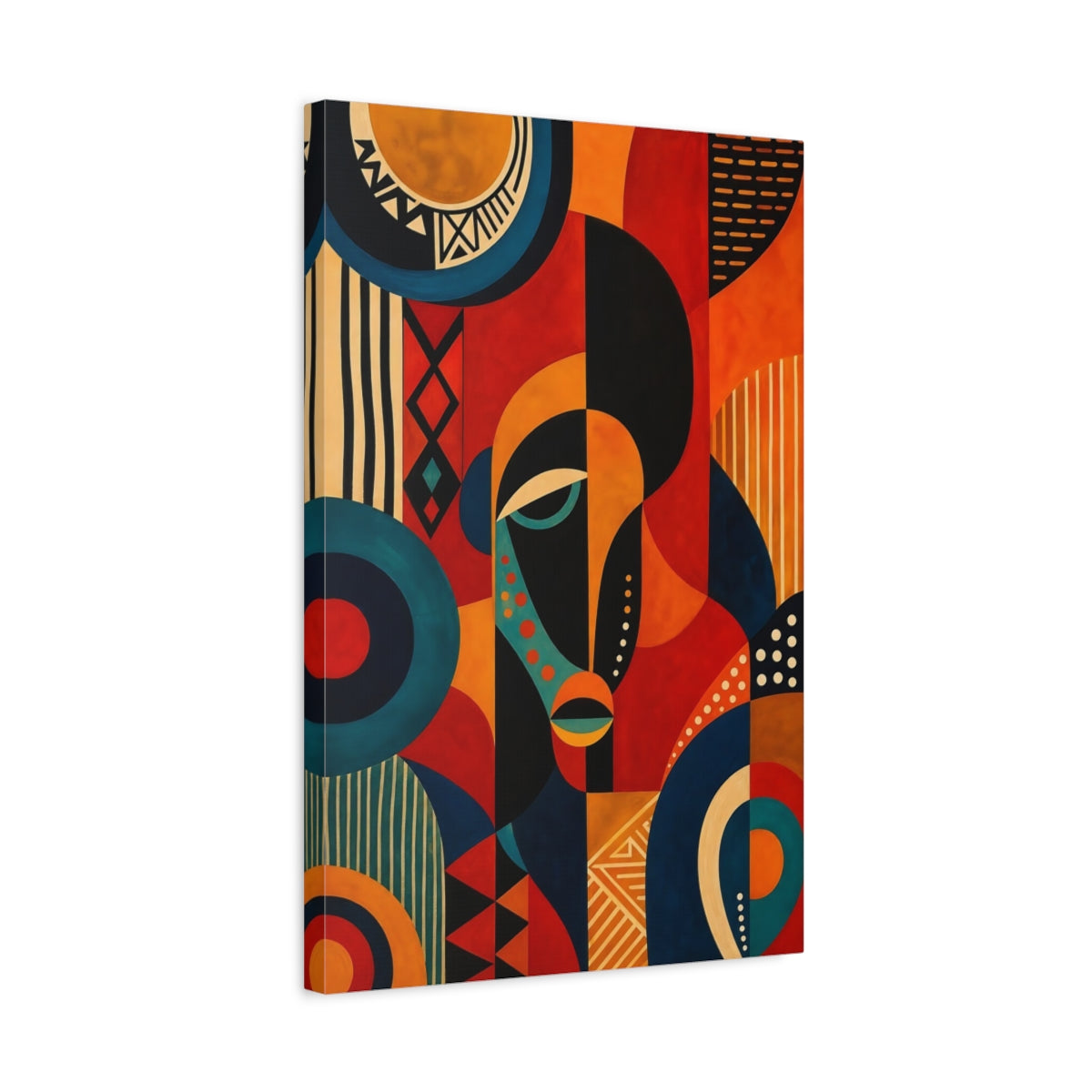 Side Mockup 3. Abstract Abstract Face Red Orange Blue Black shown as stretched canvas wall art