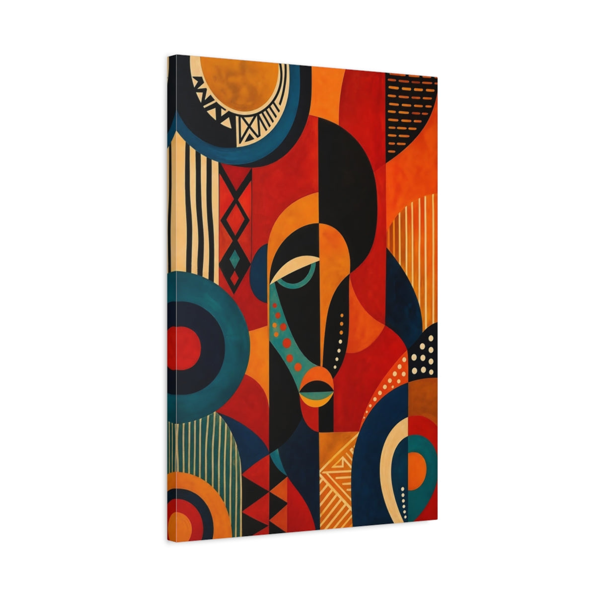 Side Mockup 2. Abstract Abstract Face Red Orange Blue Black shown as stretched canvas wall art