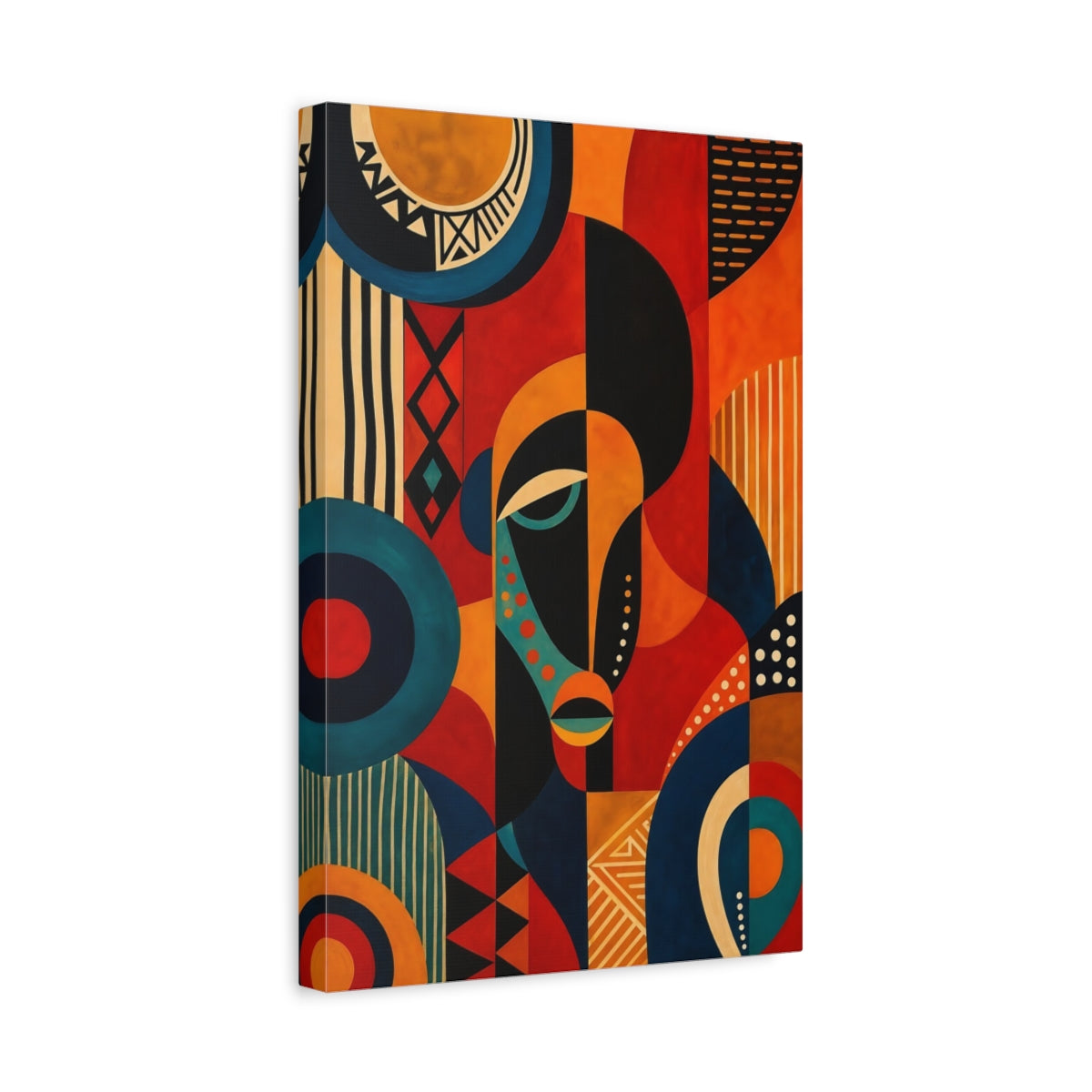 Side Mockup 4. Abstract Abstract Face Red Orange Blue Black shown as stretched canvas wall art