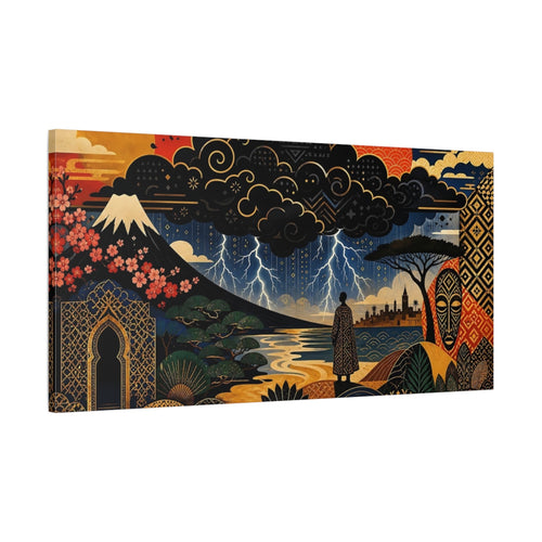 Main Mockup. Abstract Fantasy Landscape Deep Blue Gold shown as stretched canvas wall art