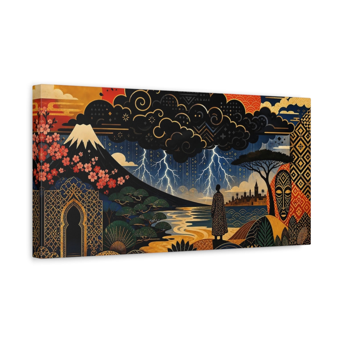 Side Mockup 3. Abstract Fantasy Landscape Deep Blue Gold shown as stretched canvas wall art
