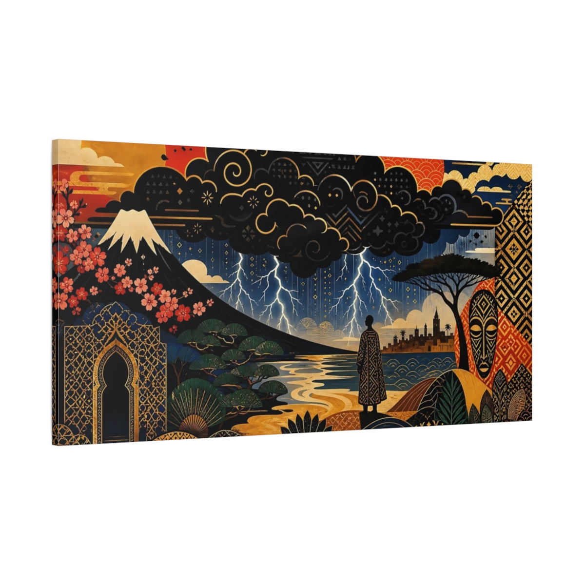 Side Mockup 2. Abstract Fantasy Landscape Deep Blue Gold shown as stretched canvas wall art