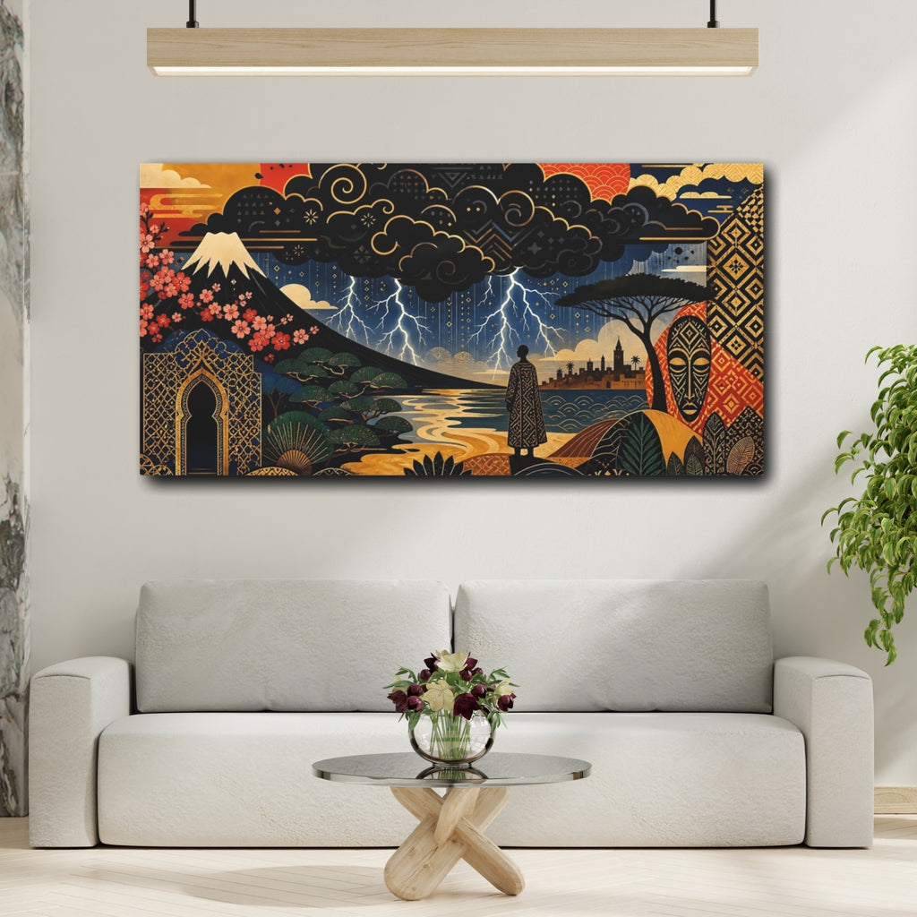 Mockup 2. Abstract Fantasy Landscape Deep Blue Gold shown as stretched canvas wall art