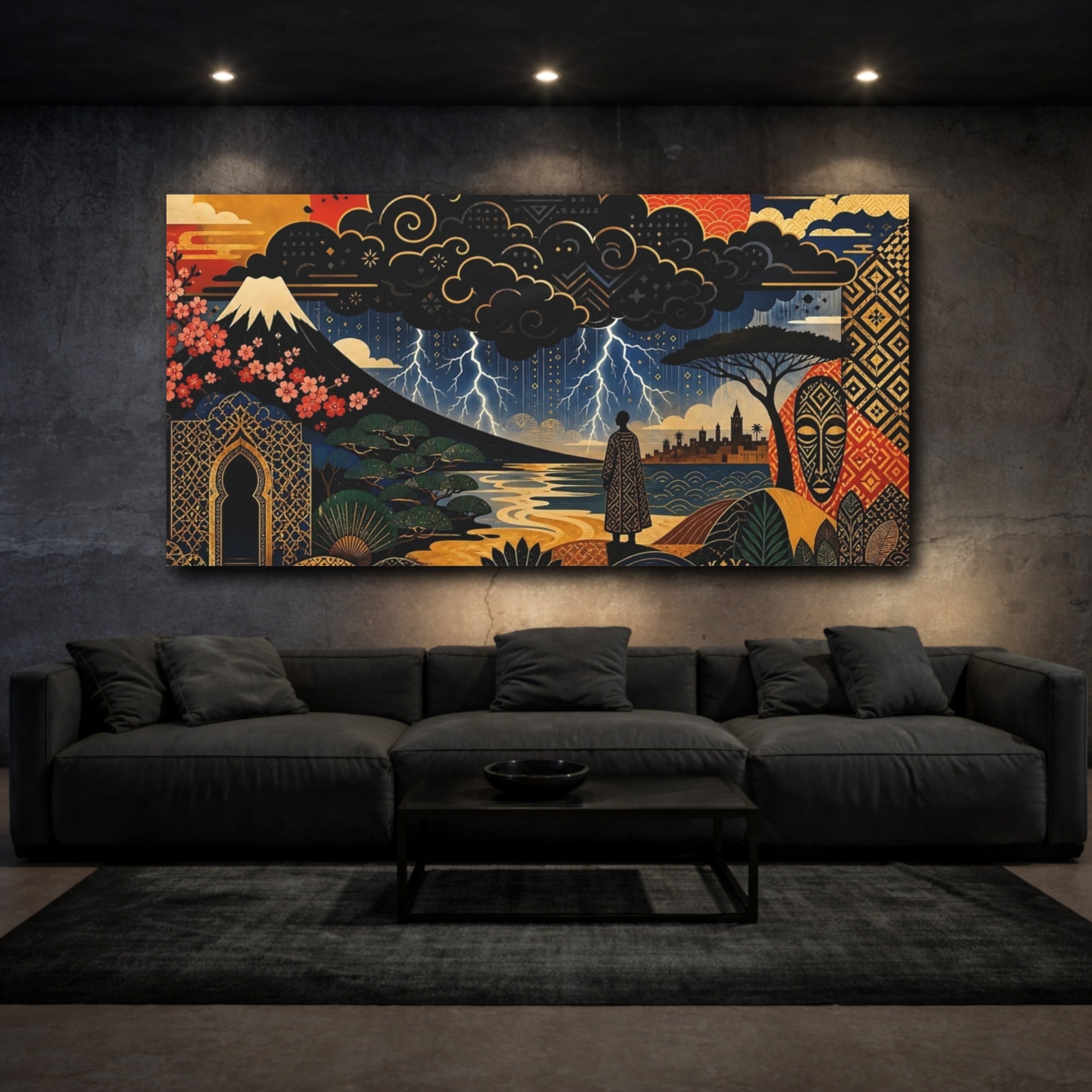 Mockup 3. Abstract Fantasy Landscape Deep Blue Gold shown as stretched canvas wall art