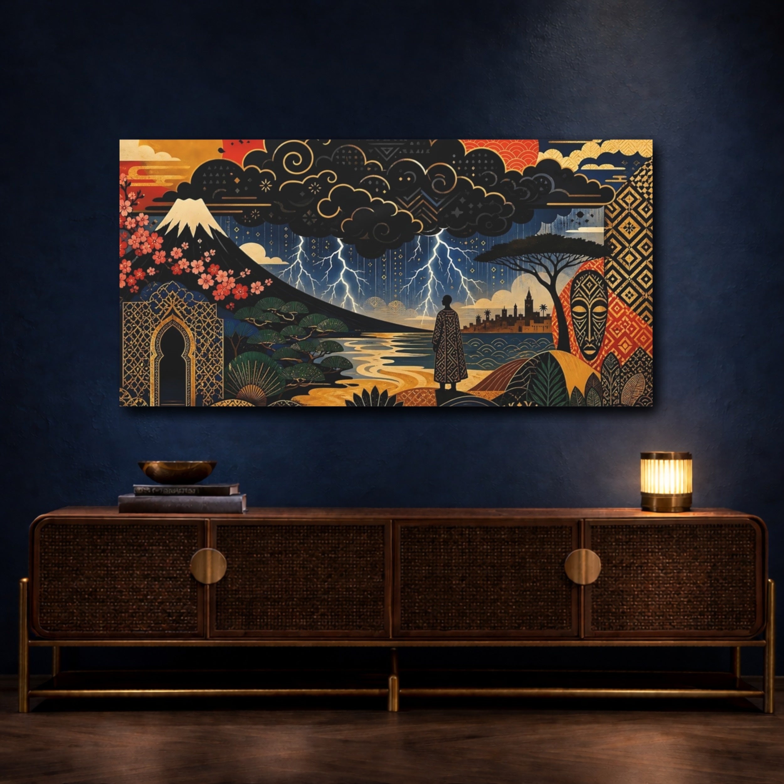 Mockup 4. Abstract Fantasy Landscape Deep Blue Gold shown as stretched canvas wall art