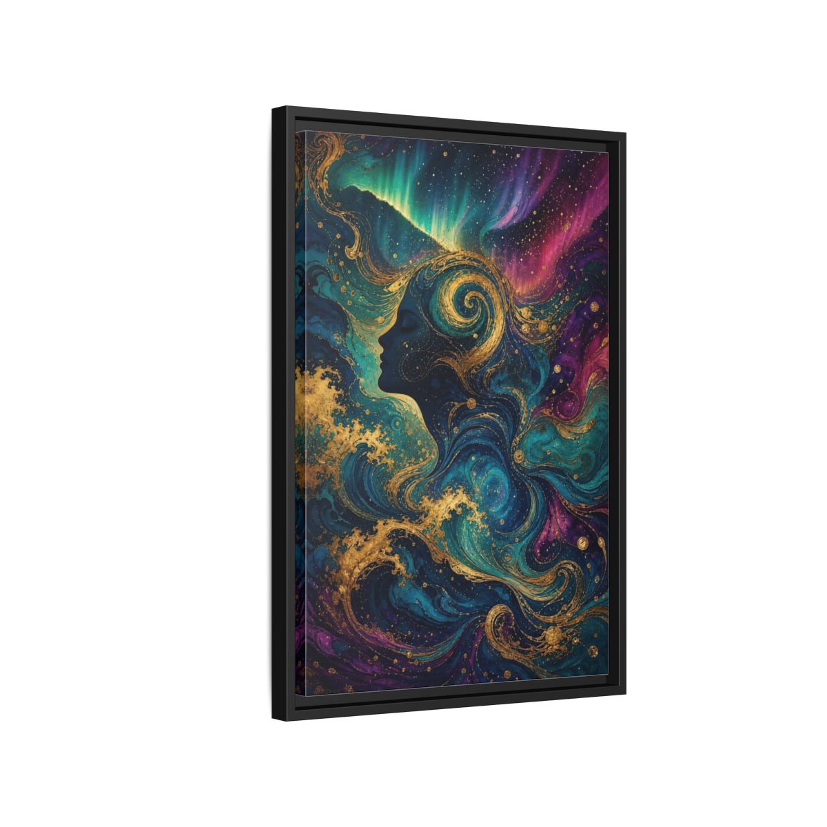 Side Mockup 3. Abstract Female Profile Teal Purple Gold shown as stretched canvas wall art