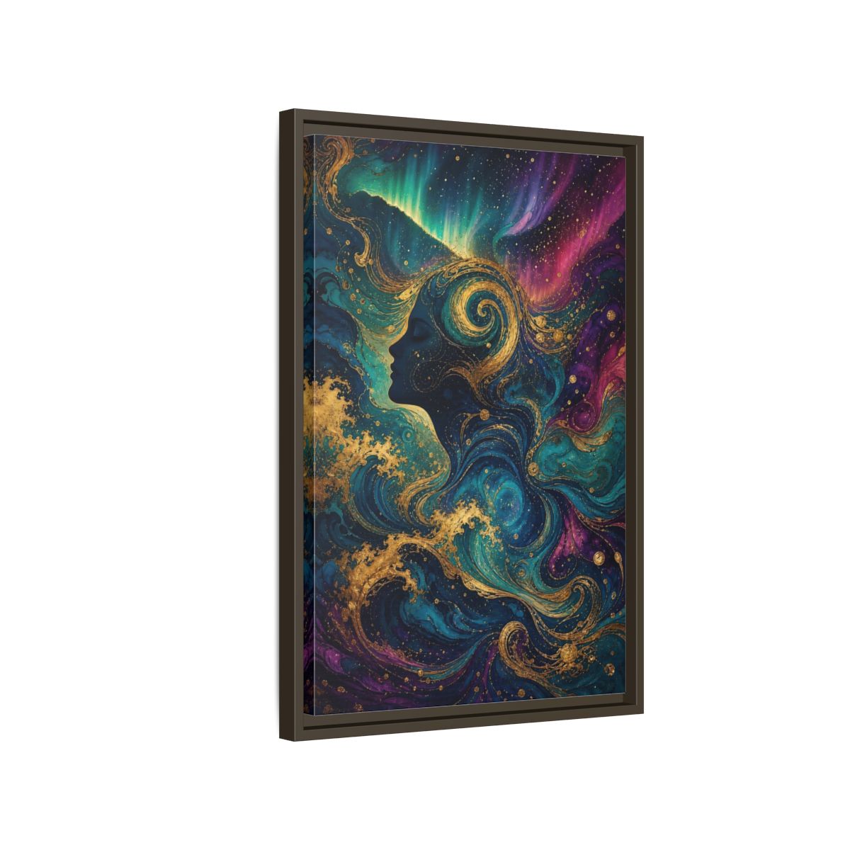 Side Mockup 2. Abstract Female Profile Teal Purple Gold shown as stretched canvas wall art