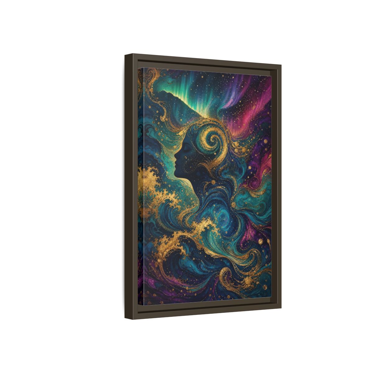 Side Mockup 5. Abstract Female Profile Teal Purple Gold shown as stretched canvas wall art