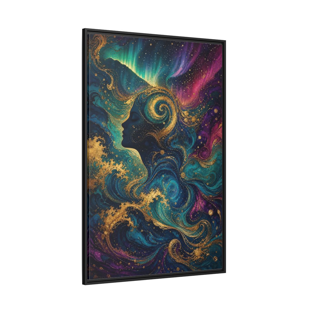 Side Mockup 12. Abstract Female Profile Teal Purple Gold shown as stretched canvas wall art