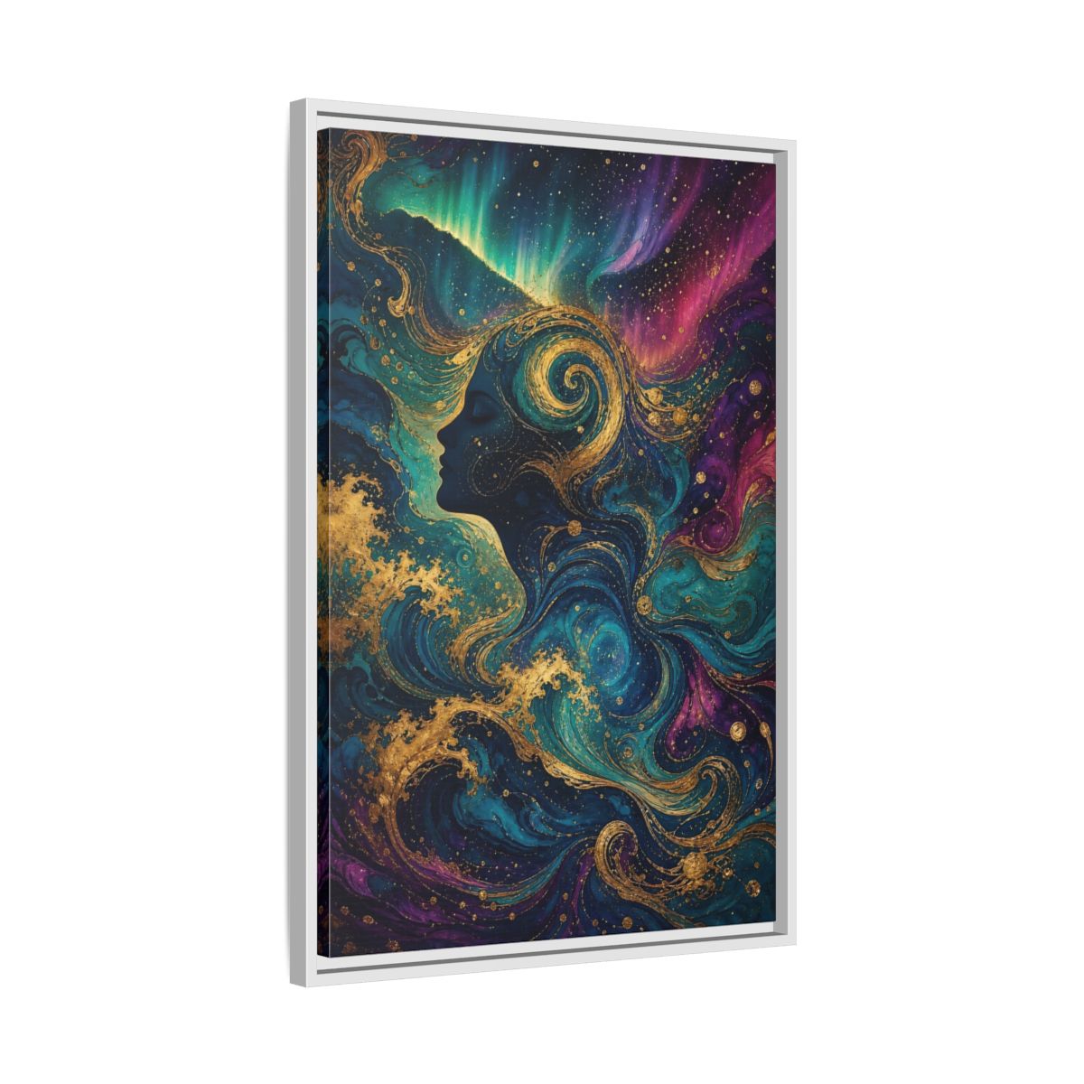 Side Mockup 10. Abstract Female Profile Teal Purple Gold shown as stretched canvas wall art