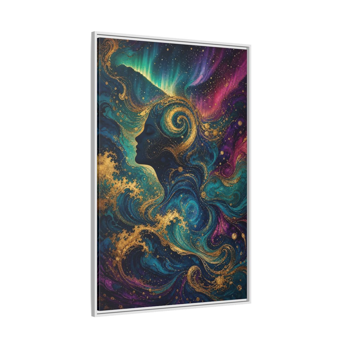 Side Mockup 7. Abstract Female Profile Teal Purple Gold shown as stretched canvas wall art