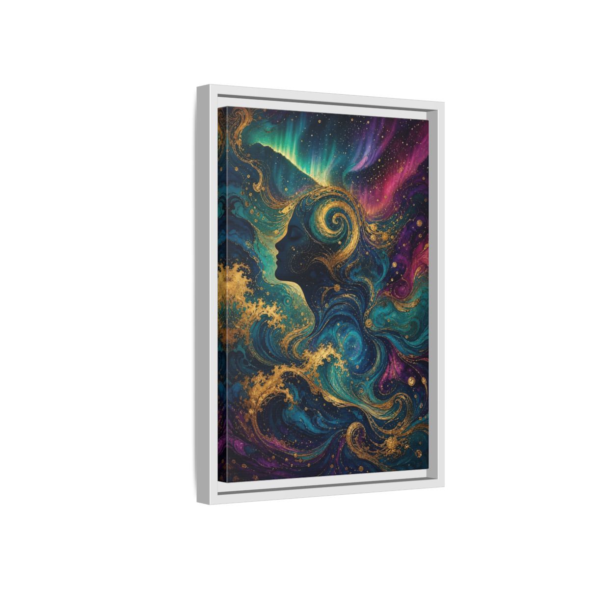Side Mockup 4. Abstract Female Profile Teal Purple Gold shown as stretched canvas wall art