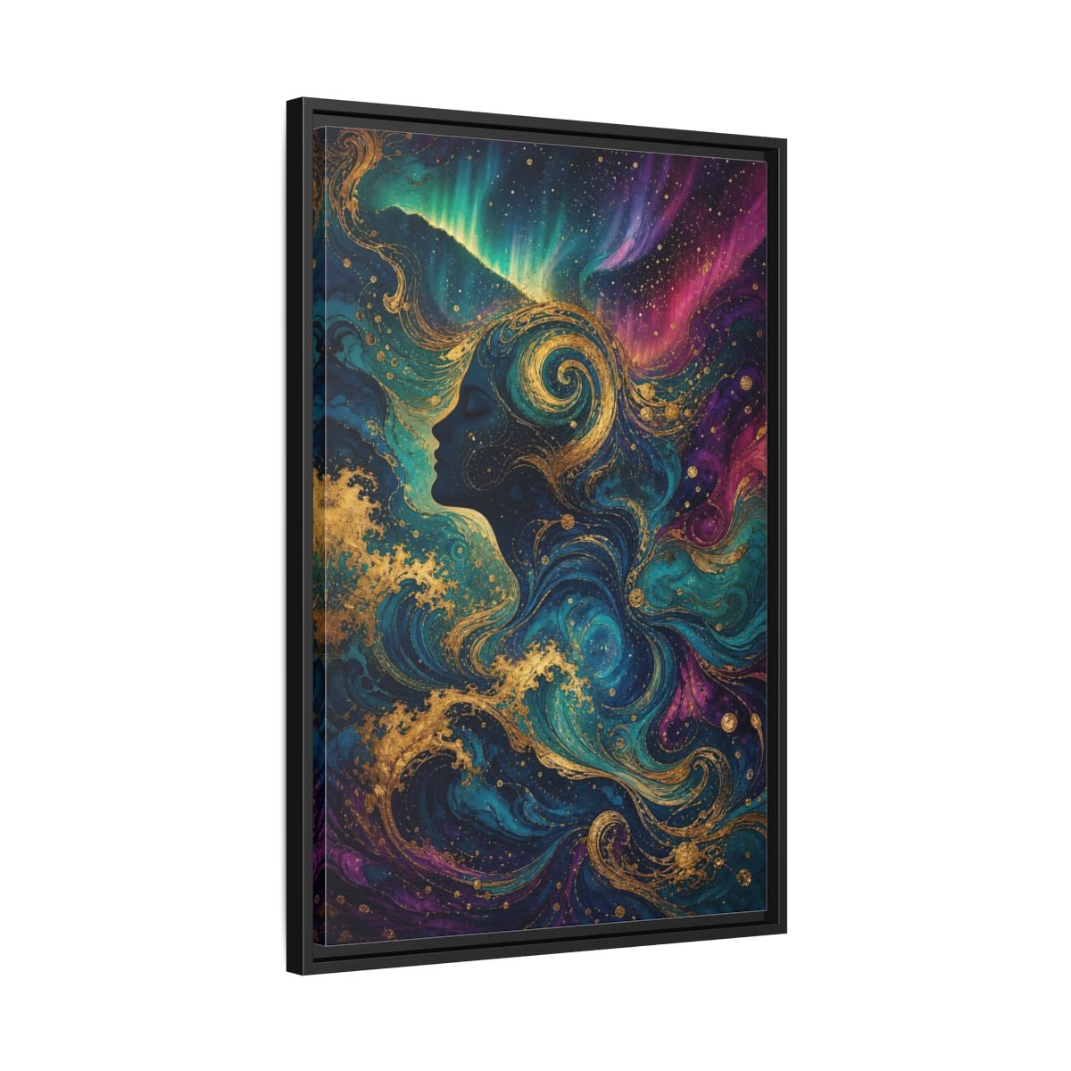 Side Mockup 14. Abstract Female Profile Teal Purple Gold shown as stretched canvas wall art