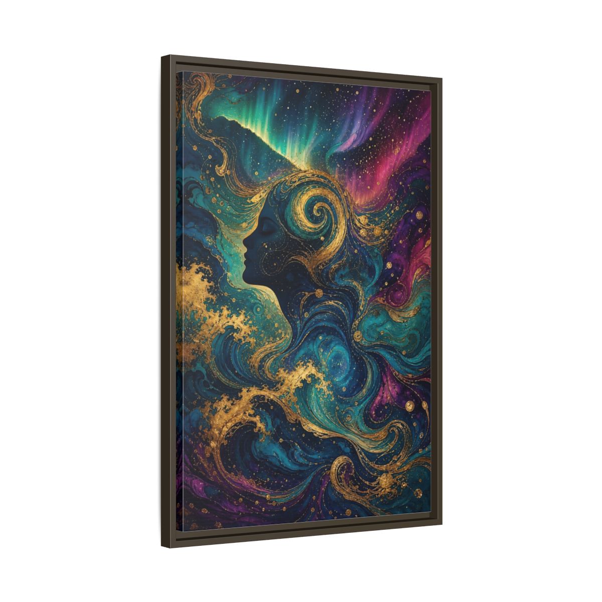 Side Mockup 11. Abstract Female Profile Teal Purple Gold shown as stretched canvas wall art