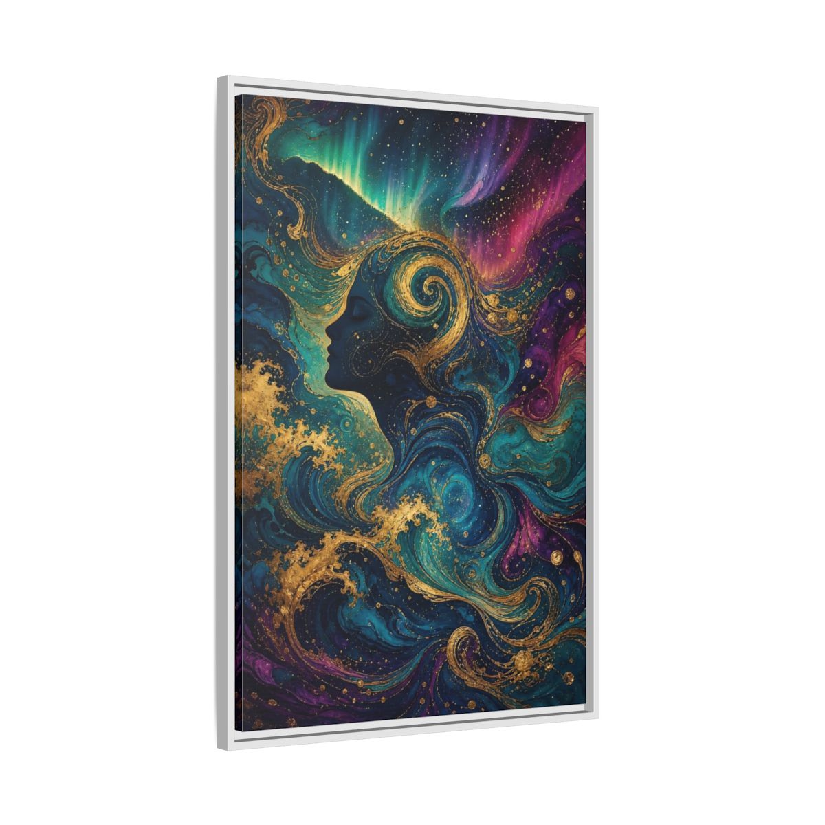 Side Mockup 9. Abstract Female Profile Teal Purple Gold shown as stretched canvas wall art