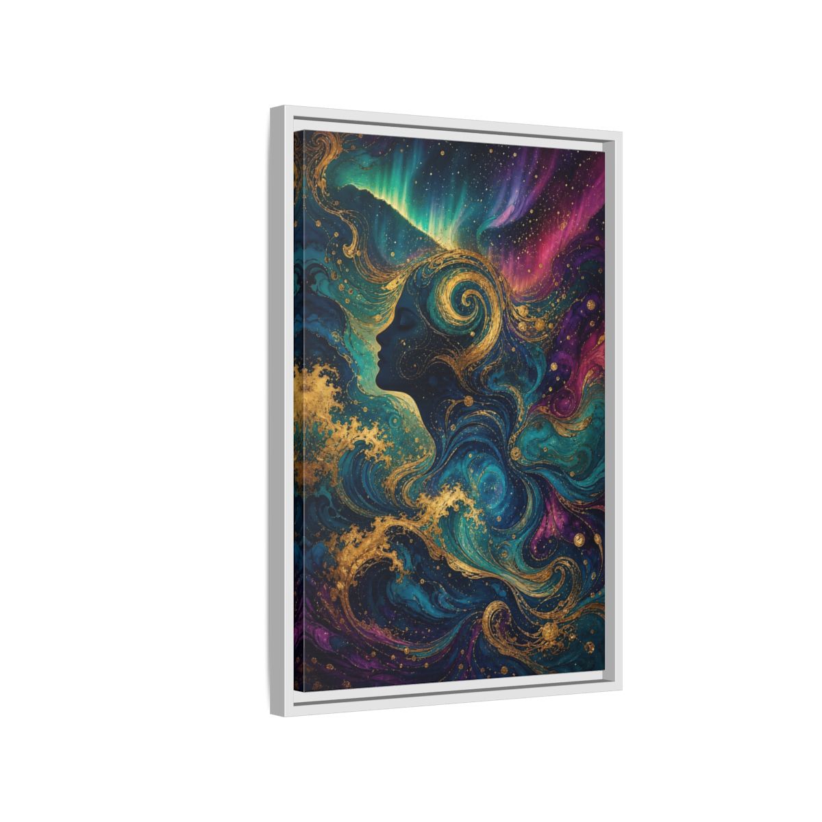 Side Mockup 1. Abstract Female Profile Teal Purple Gold shown as stretched canvas wall art