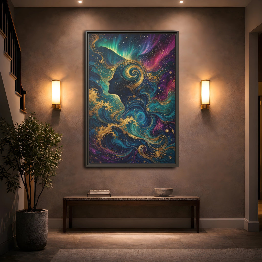 Mockup 2. Abstract Female Profile Teal Purple Gold shown as stretched canvas wall art