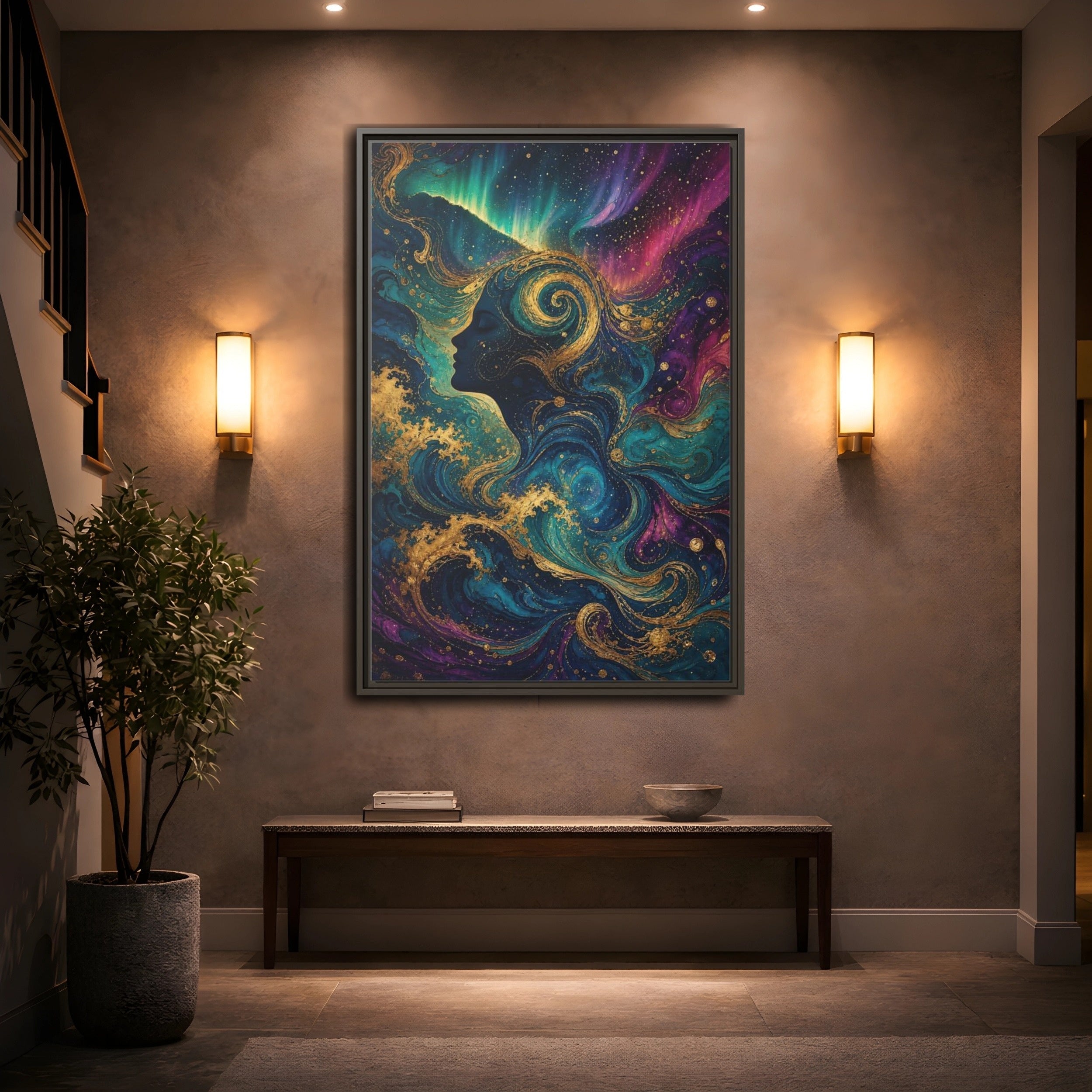 Mockup 2. Abstract Female Profile Teal Purple Gold shown as stretched canvas wall art