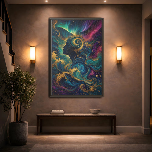 Mockup 2. Abstract Female Profile Teal Purple Gold shown as stretched canvas wall art