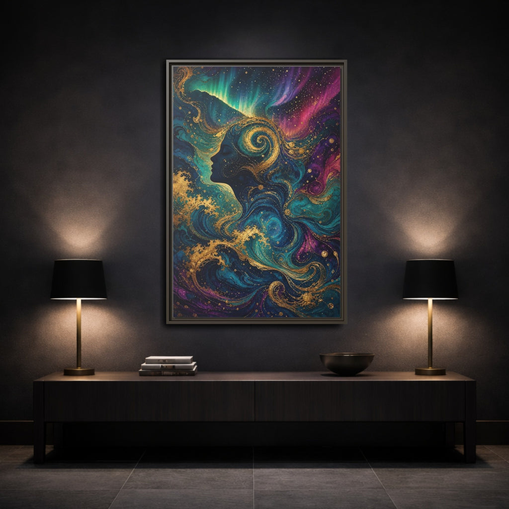 Mockup 3. Abstract Female Profile Teal Purple Gold shown as stretched canvas wall art