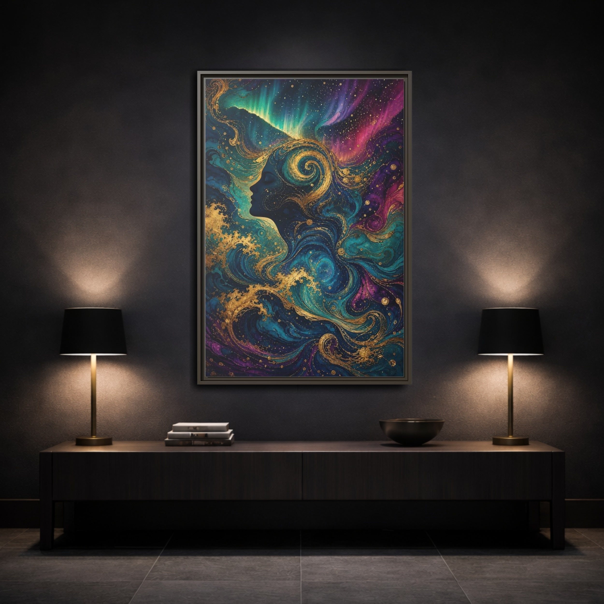 Mockup 3. Abstract Female Profile Teal Purple Gold shown as stretched canvas wall art