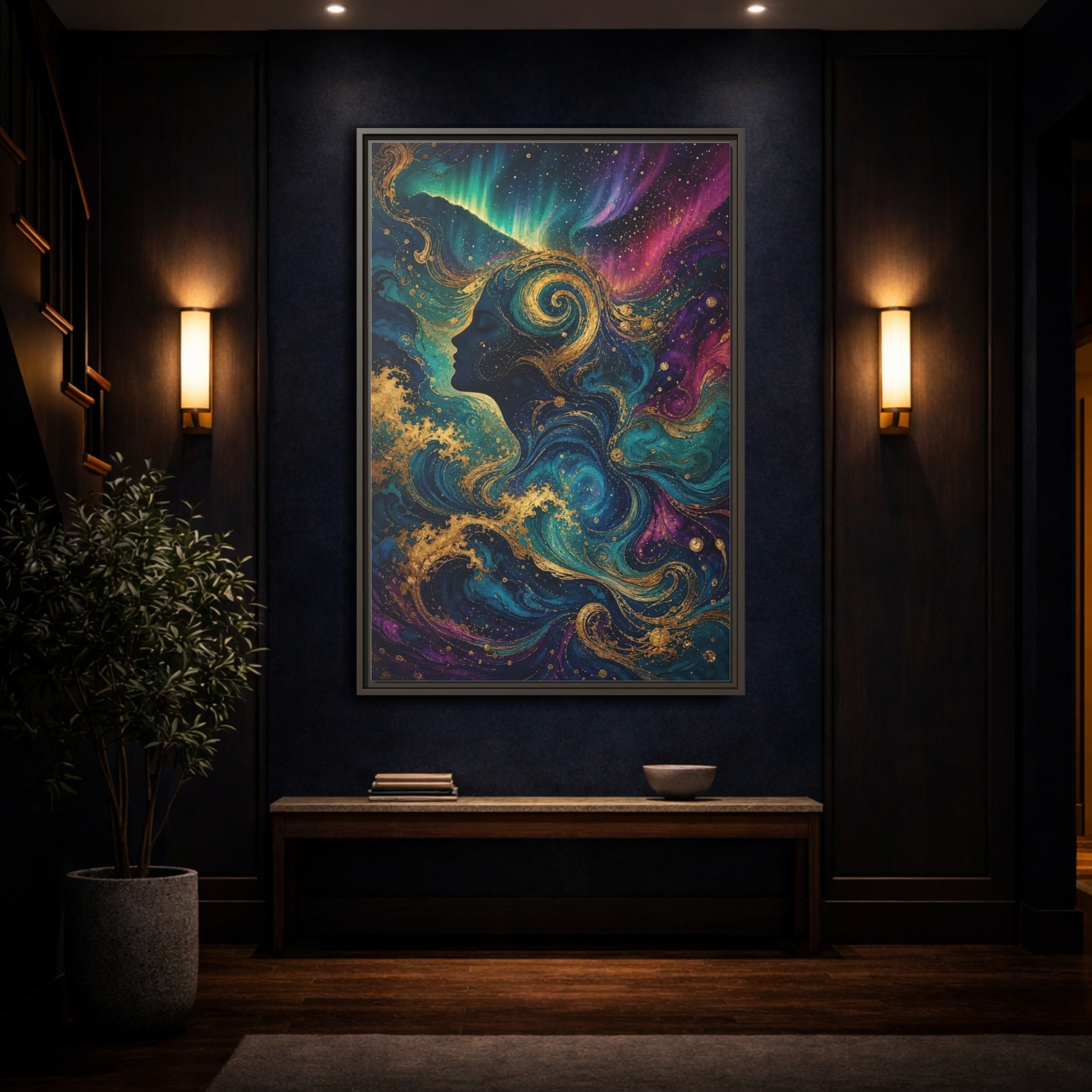 Mockup 4. Abstract Female Profile Teal Purple Gold shown as stretched canvas wall art