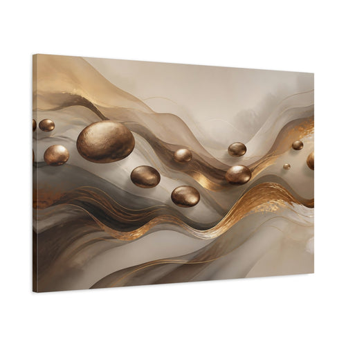 Main Mockup. Abstract Floating Spheres Brown And Gold shown as stretched canvas wall art