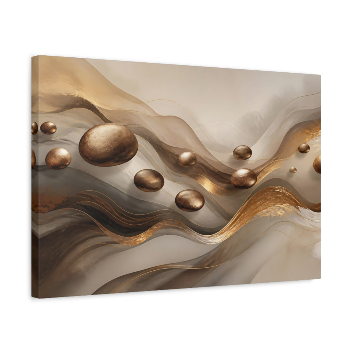 Side Mockup 3. Abstract Floating Spheres Brown And Gold shown as stretched canvas wall art