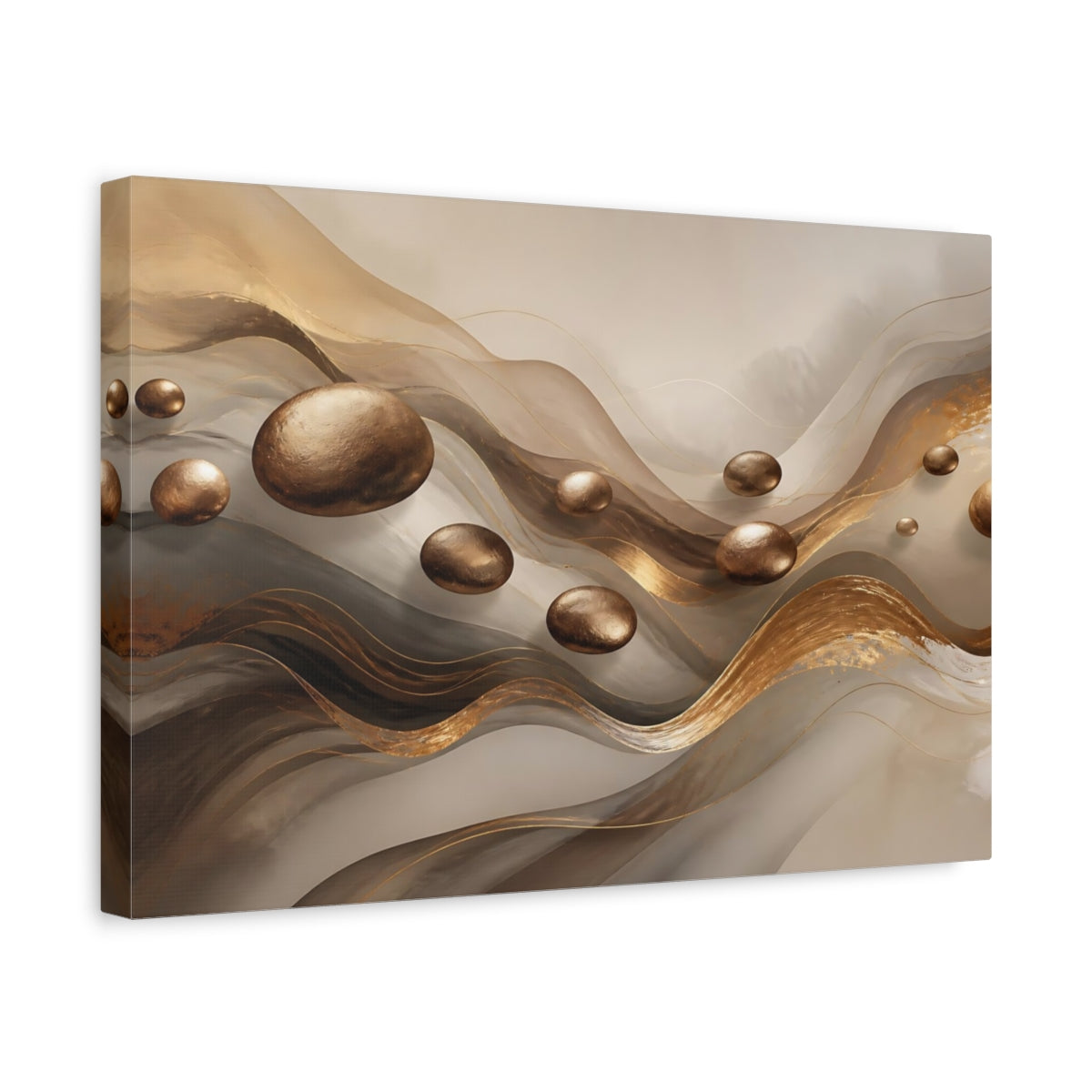 Side Mockup 4. Abstract Floating Spheres Brown And Gold shown as stretched canvas wall art