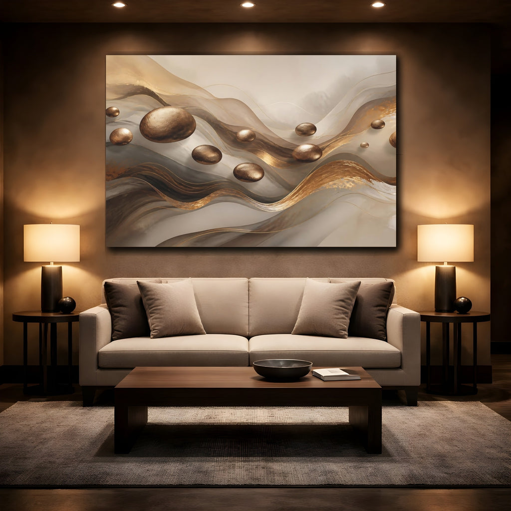 Mockup 2. Abstract Floating Spheres Brown And Gold shown as stretched canvas wall art