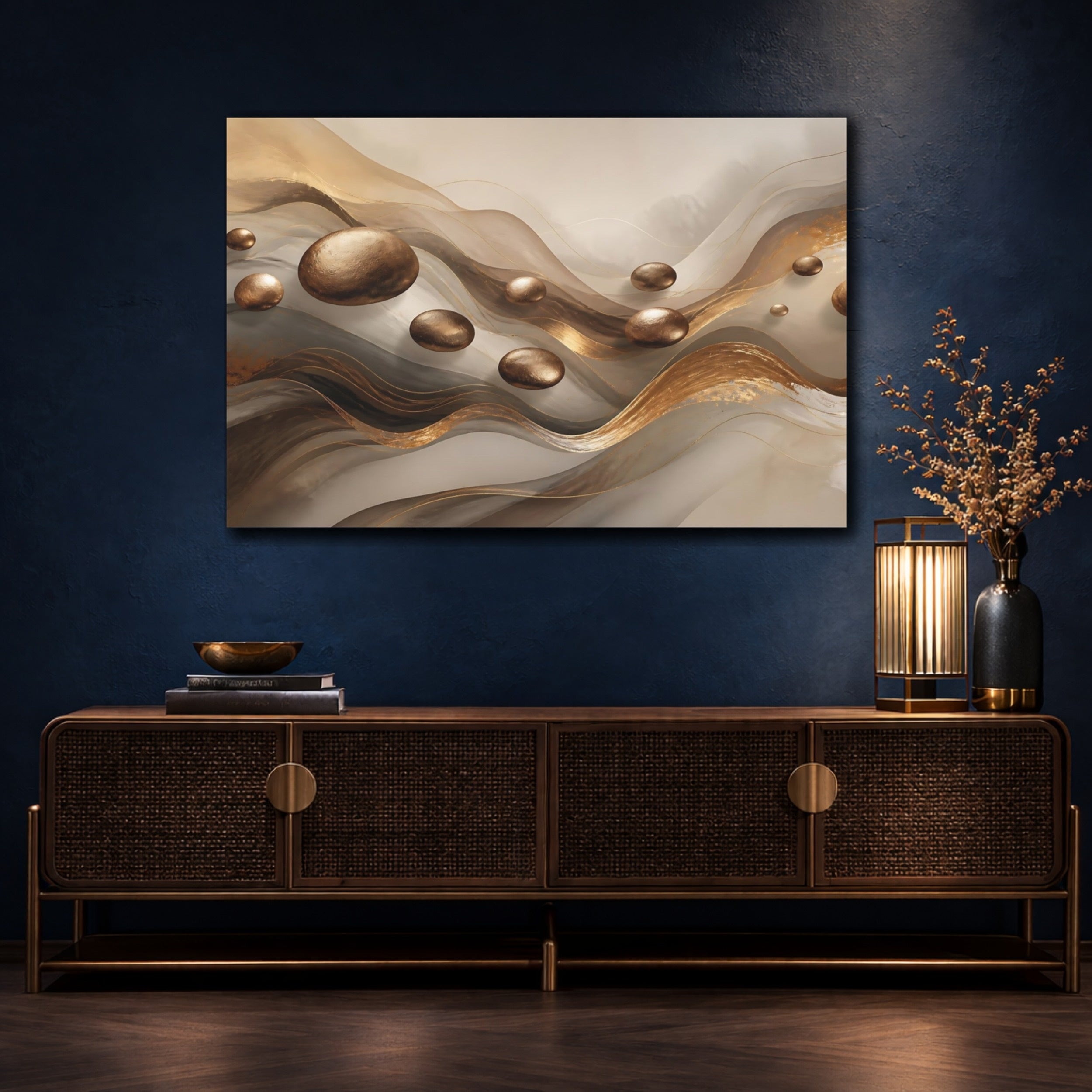 Mockup 4. Abstract Floating Spheres Brown And Gold shown as stretched canvas wall art