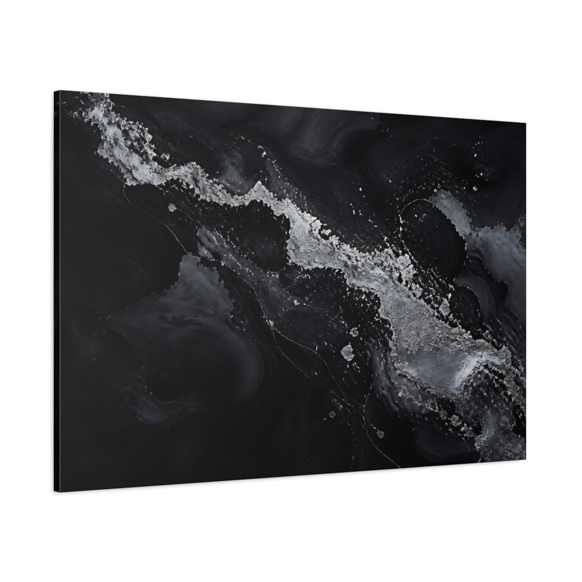 Side Mockup 1. Abstract Abstract Flow Black And Silver shown as stretched canvas wall art