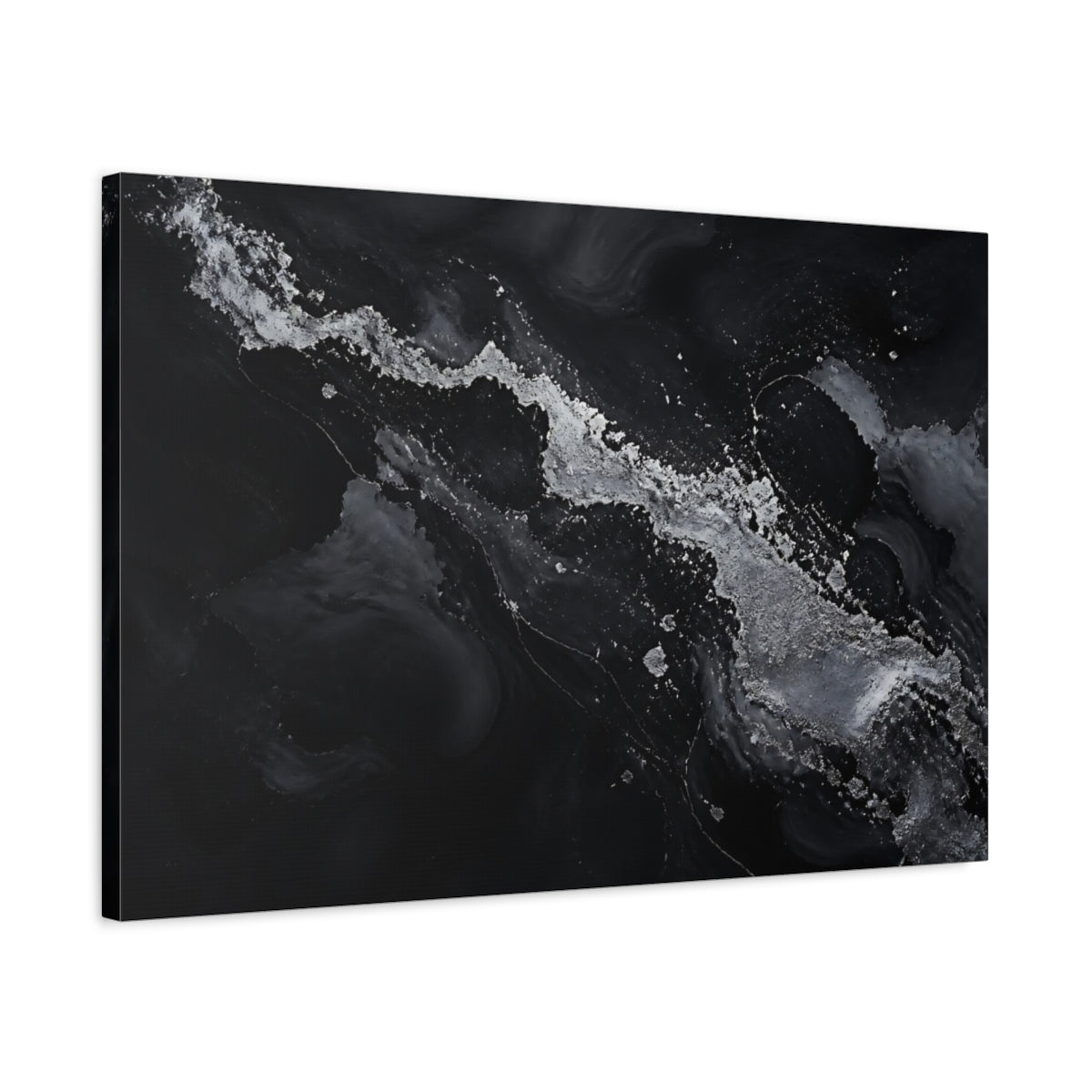 Side Mockup 2. Abstract Abstract Flow Black And Silver shown as stretched canvas wall art