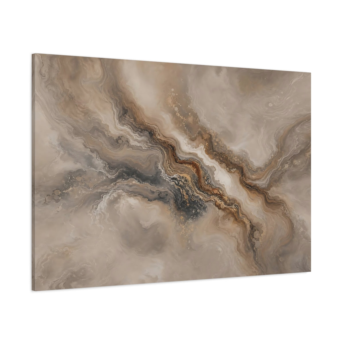 Side Mockup 1. Abstract Abstract Flow Brown And Gold Abstract shown as stretched canvas wall art