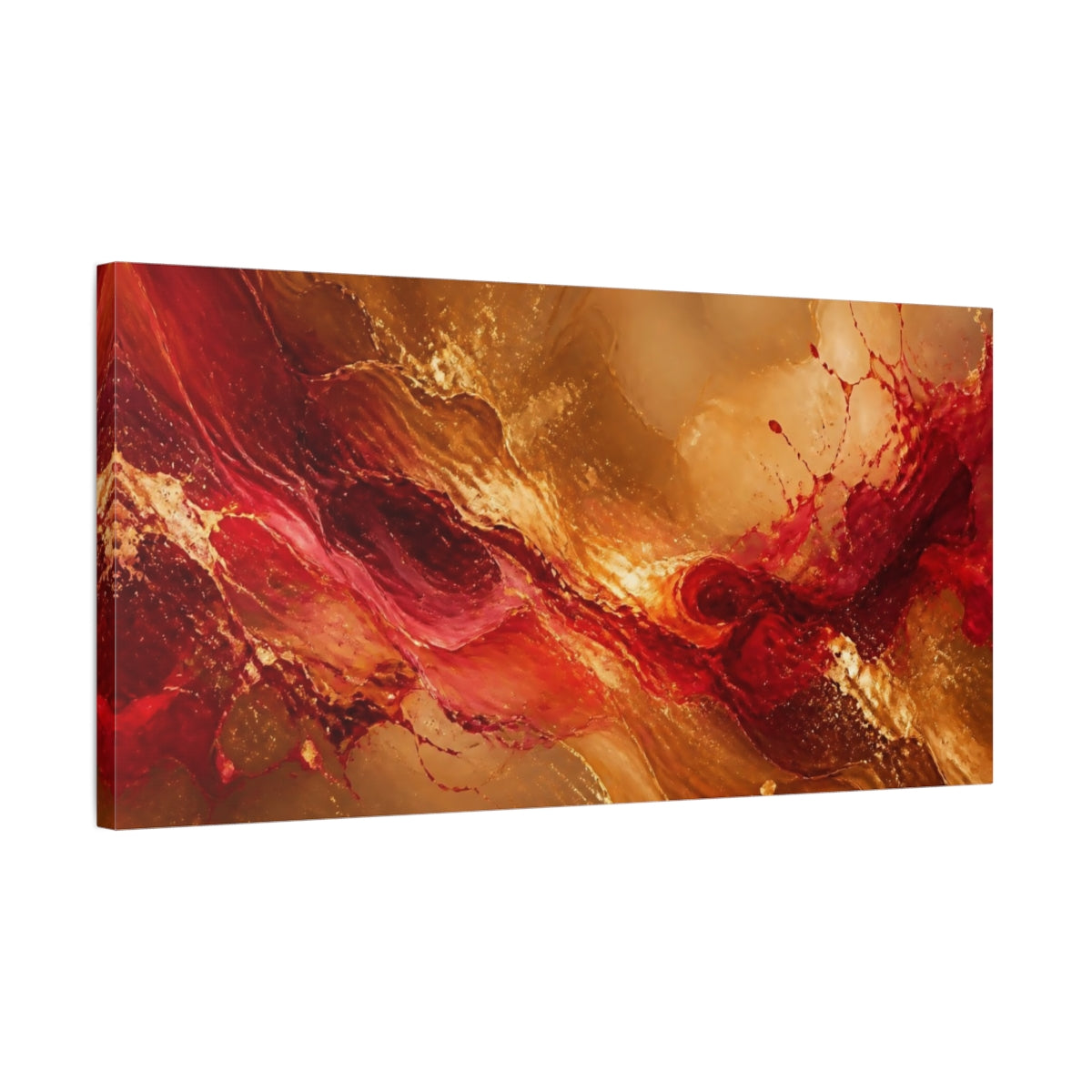 Side Mockup 1. Abstract Abstract Flow Gold Red Abstract shown as stretched canvas wall art