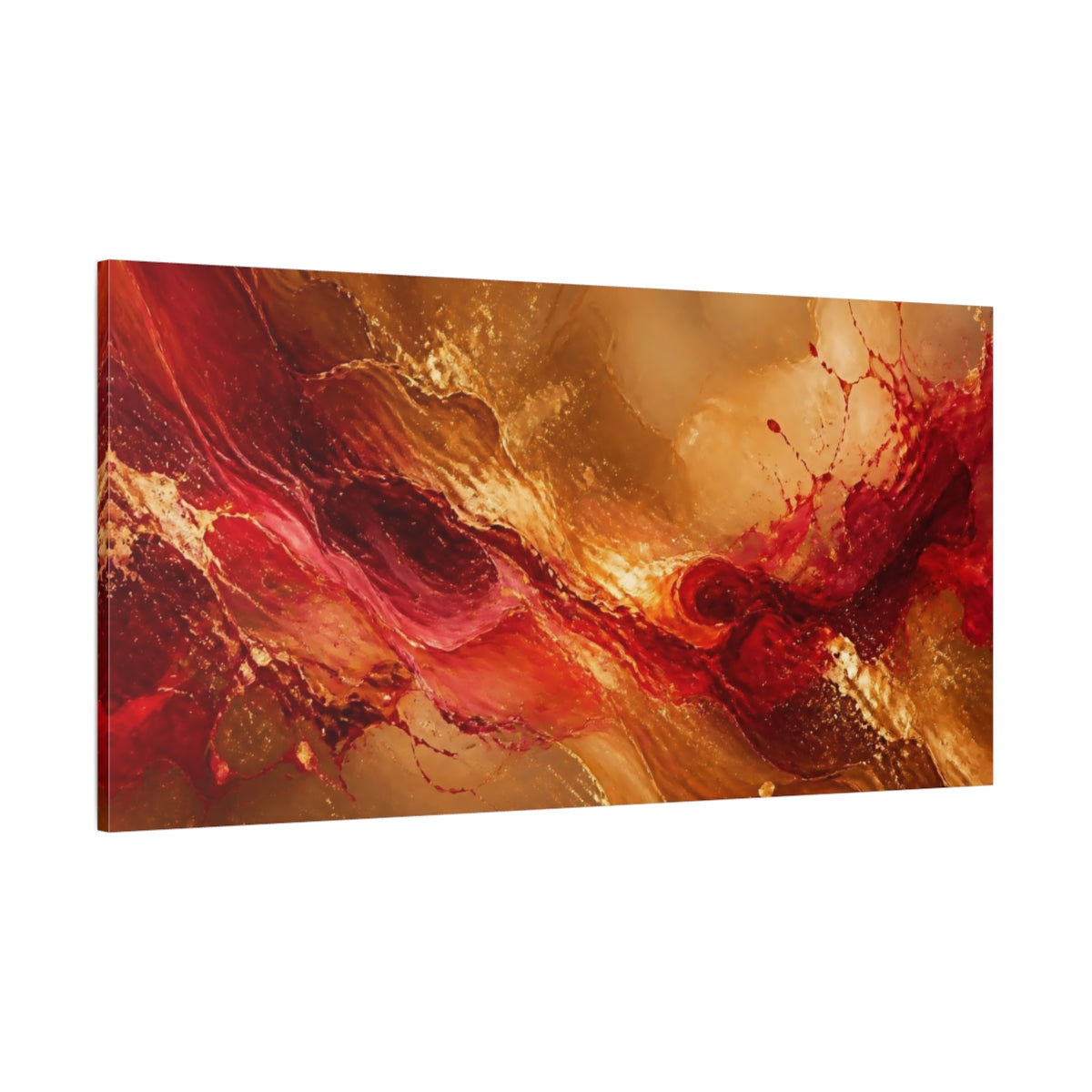 Side Mockup 2. Abstract Abstract Flow Gold Red Abstract shown as stretched canvas wall art
