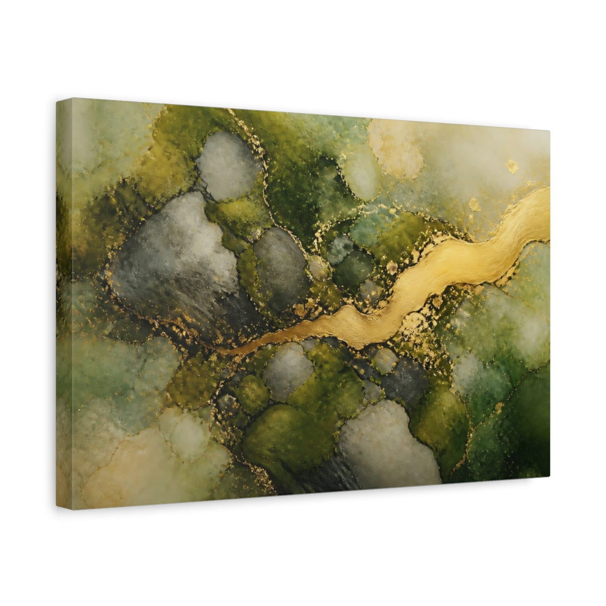 Side Mockup 4. Abstract Abstract Flow Green And Gold shown as stretched canvas wall art