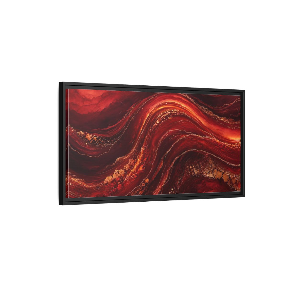 Side Mockup 2. Abstract Abstract Flow Red And Gold shown as stretched canvas wall art