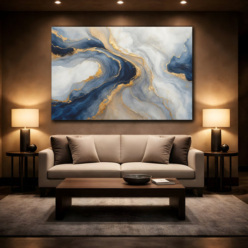 Mockup 2. Abstract Fluid Abstract Blue And Gold shown as stretched canvas wall art
